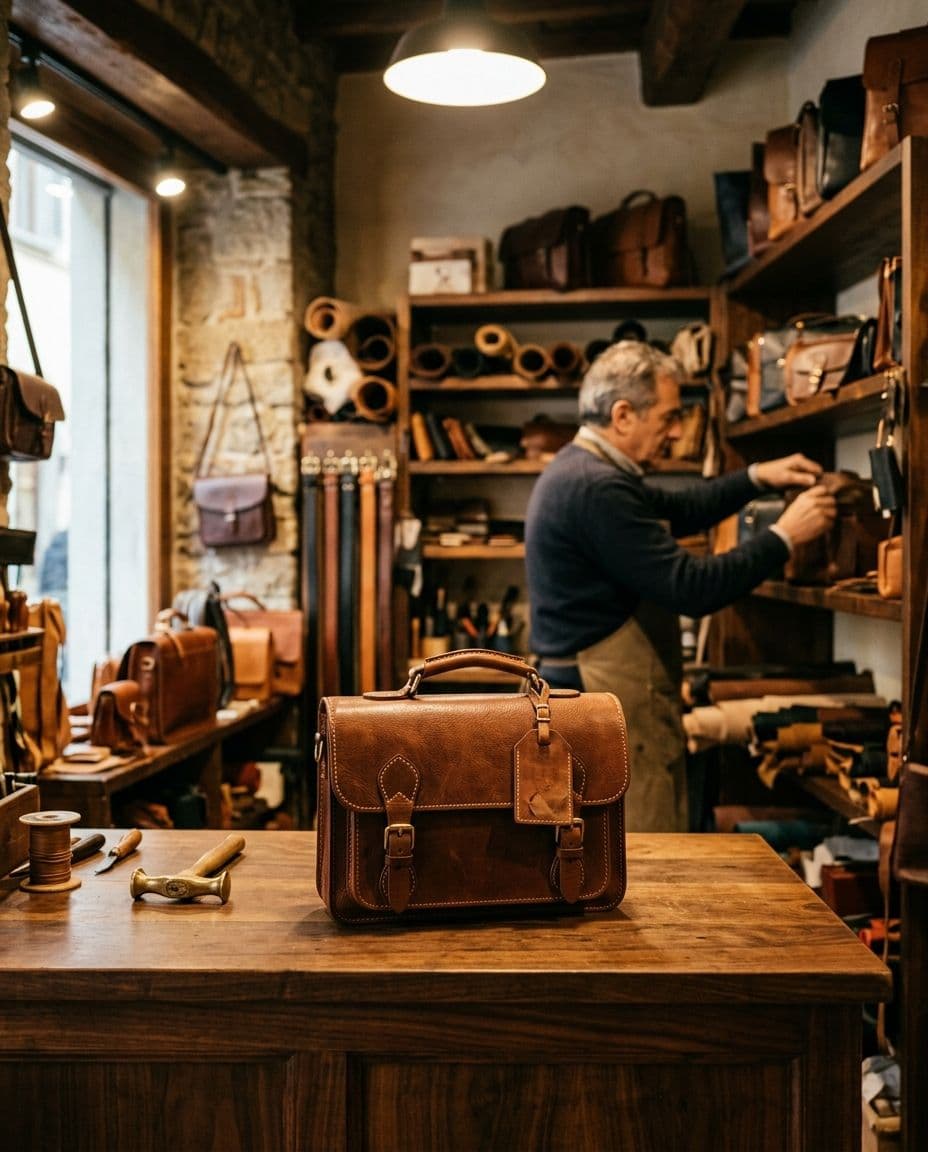 Borsa in pelle artigianale su un bancone di legno