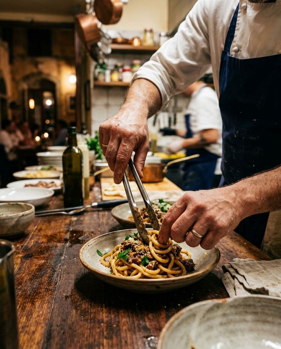 Chef che impiatta in una trattoria toscana