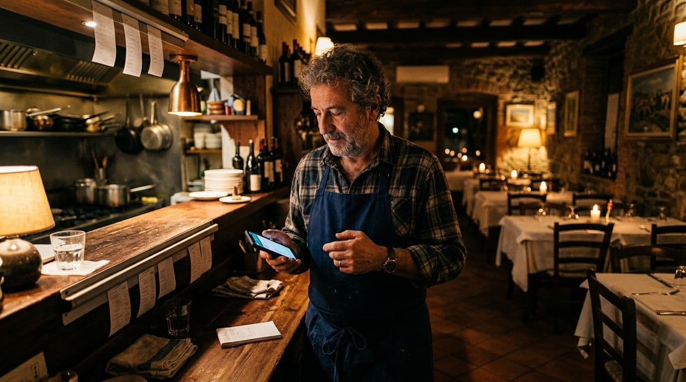 Titolare di una trattoria che controlla le prenotazioni a fine servizio