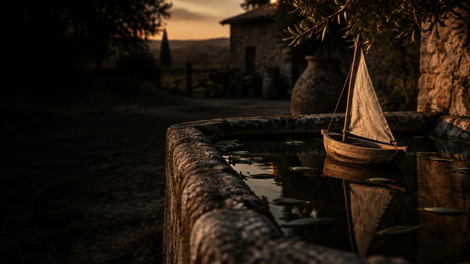 Una piccola barca a vela di legno galleggia nell'acqua di un vecchio abbeveratoio di pietra, al tramonto in campagna